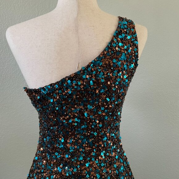 Scala Vintage One Shoulder Blue Bronze Embellished Sequin Mini Dress | Medium - Picture 5 of 11